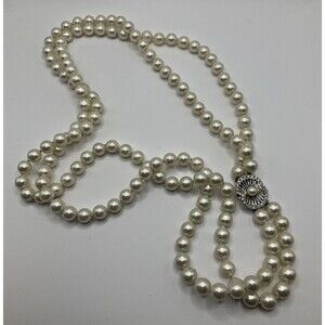 Multistrand Pearl Necklace Silvertone Crystal Clasp Fashion Jewelry Edwardian